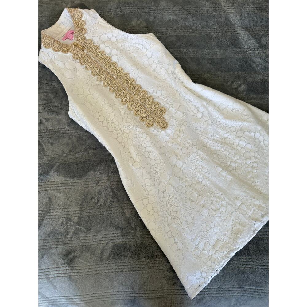 Lilly Pulitzer Jane Shift Dress White Mocean Lace Gold Trim Sleeveless Womens 00 - Picture 10 of 14